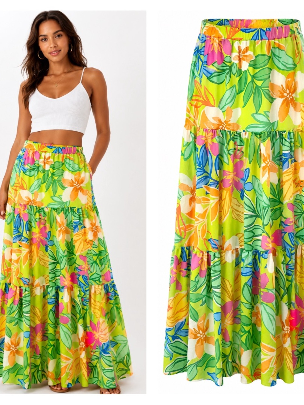 Flying Tomato Tiered Floral Multicolor Floral Maxi Skirt S